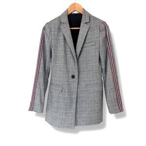 Black White Houndstooth Print Blazer Jacket Striped Sleeves Size Small Red‎